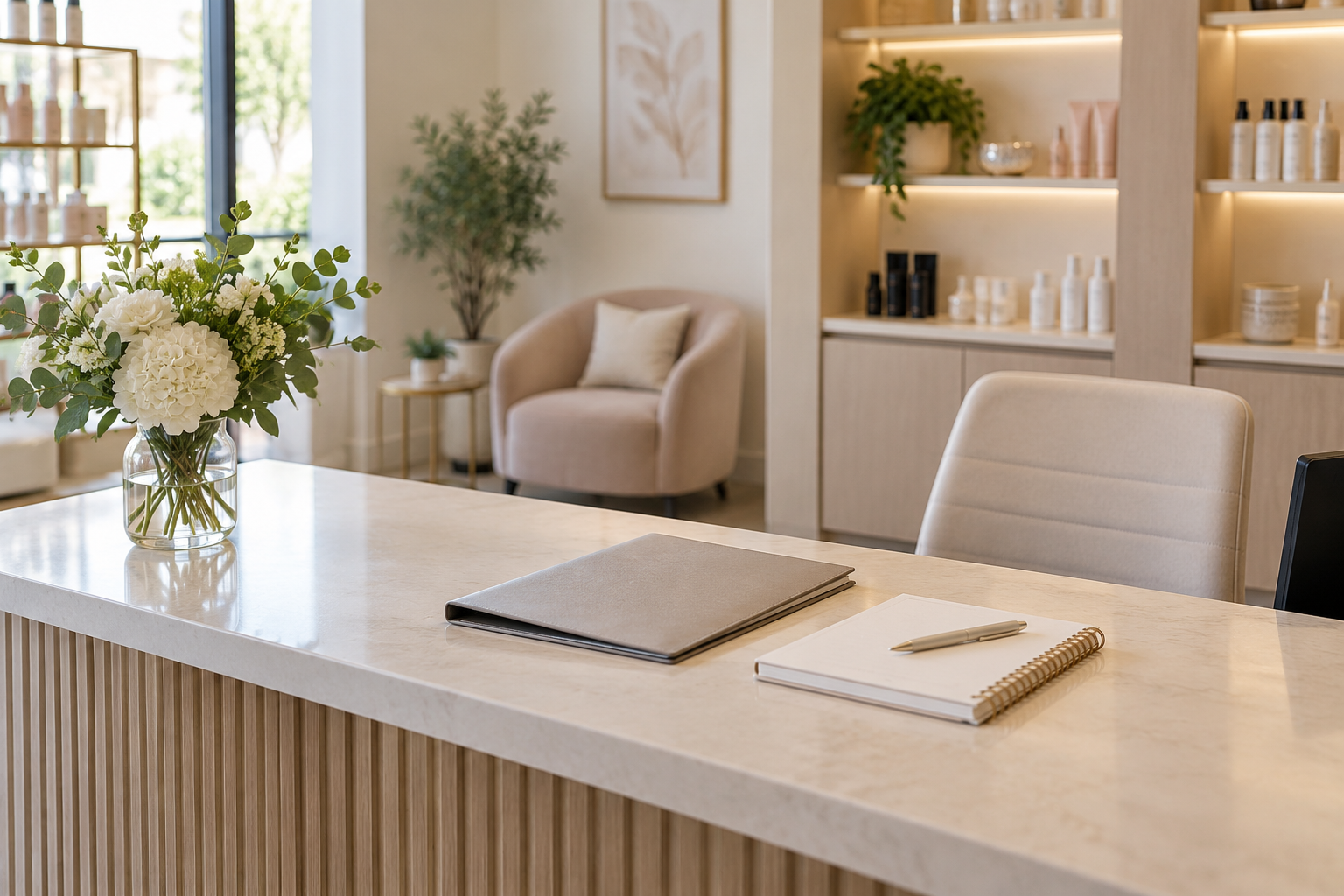 Lada recepcyjna z notesem i teczką w salonie beauty